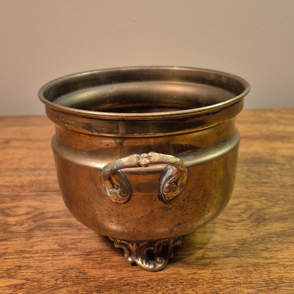 VINTAGE French Country Style Brass Footed Planter Pot with Handles - Picture 6 of 16